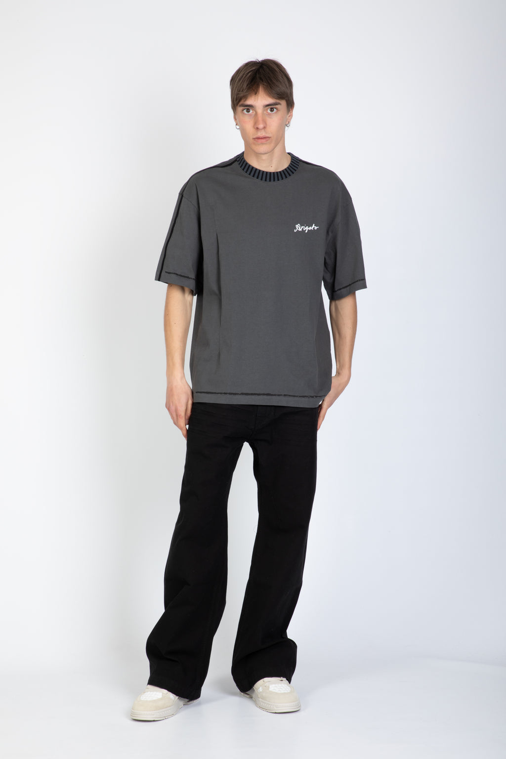 alt-image__Dark-grey-cotton-t-shirt-with-contrast-collar-and-chest-logo---Seam-Relaxed-T-shirt-