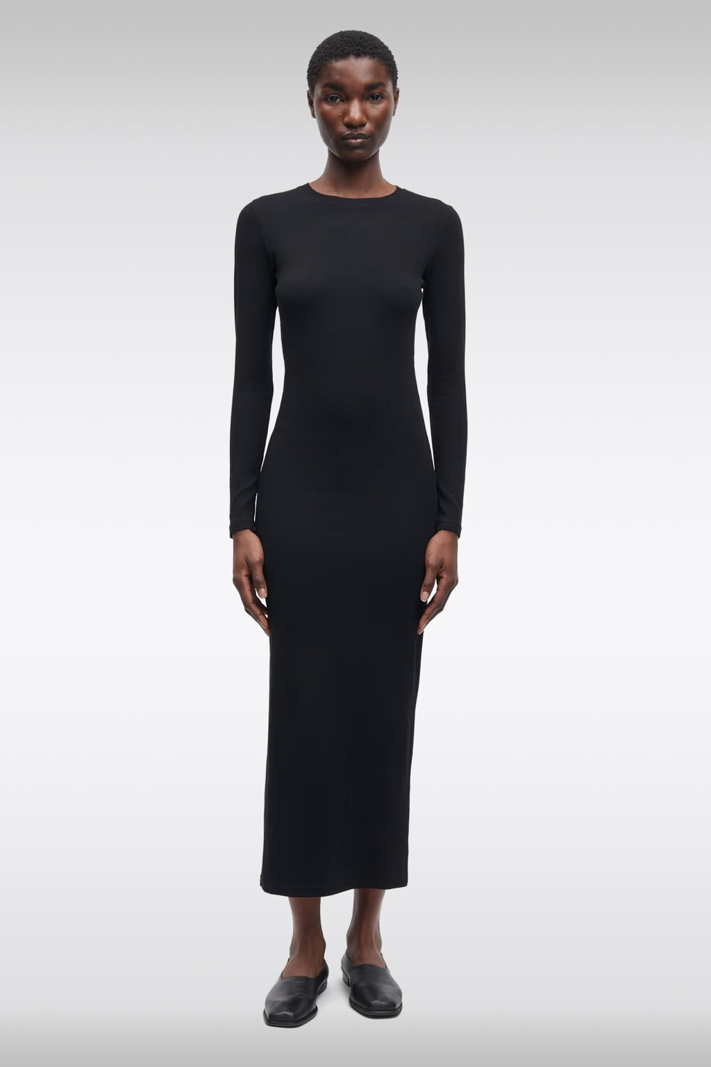alt-image__Abito-lungo-nero-in-cotone-a-coste-con-maniche-lunghe---Saalexa-Midi-Dress