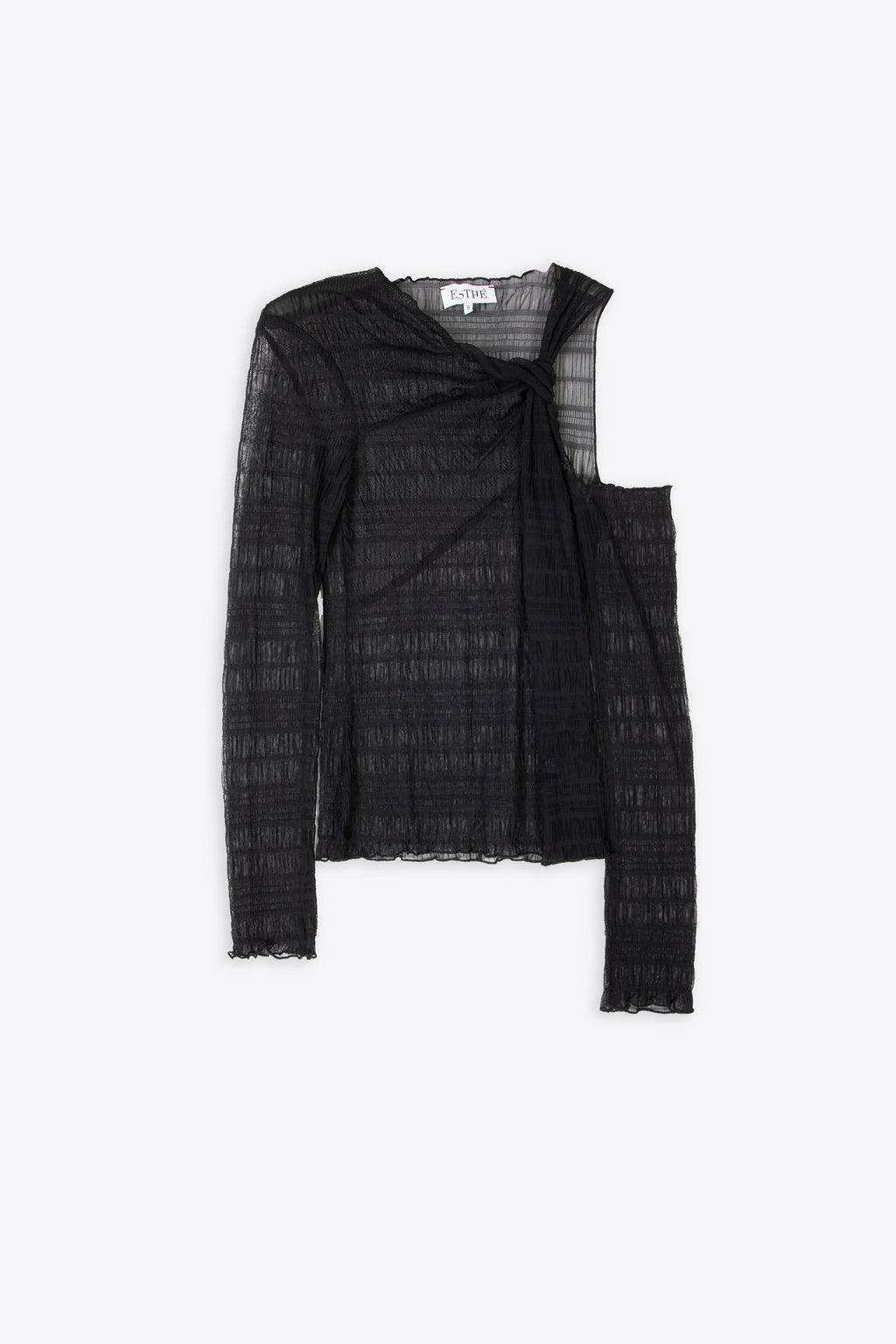 alt-image__Black-ruffle-pleated-mesh-top-with-long-sleeves---Asymmetric-Top-with-Twist-Knot-Detail