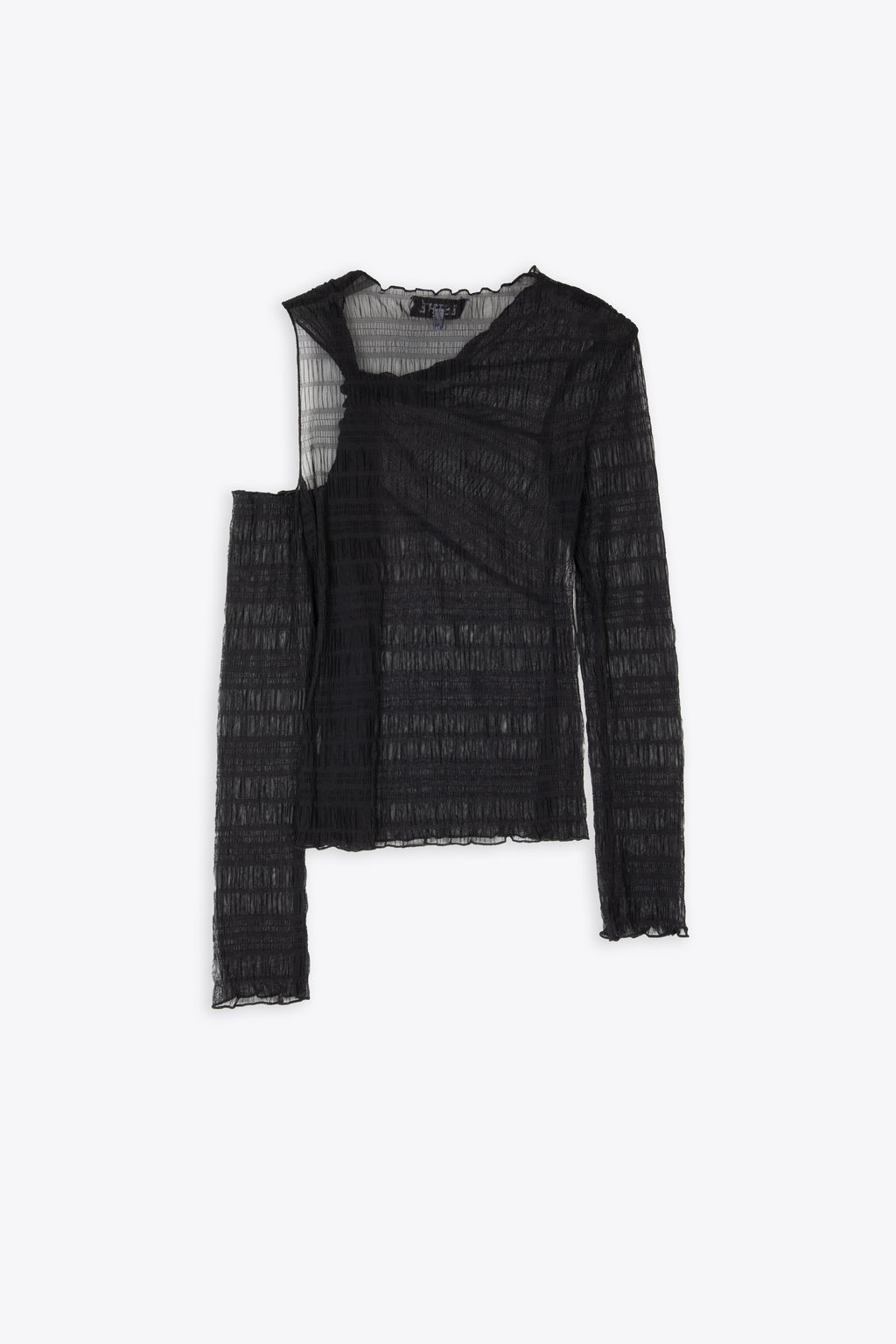 alt-image__Black-ruffle-pleated-mesh-top-with-long-sleeves---Asymmetric-Top-with-Twist-Knot-Detail