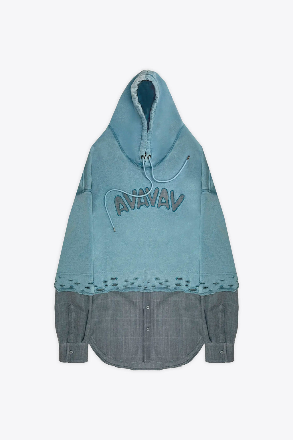 alt-image__Felpa-celeste-unisex-con-cappuccio-e-pannello-con-camicia-sul-fondo---Layered-Hoodie-Shirt