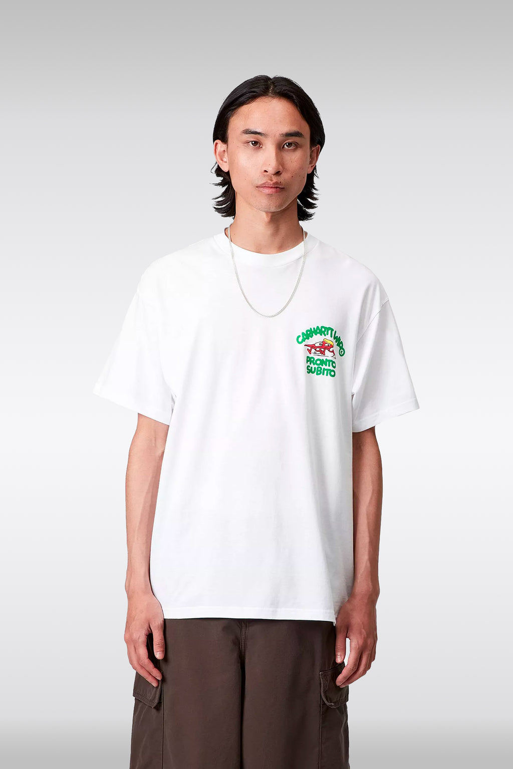 alt-image__T-shirt-bianca-in-cotone-con-stampa-grafica-al-petto-e-sul-retro---S/S-Pronto-T-Shirt