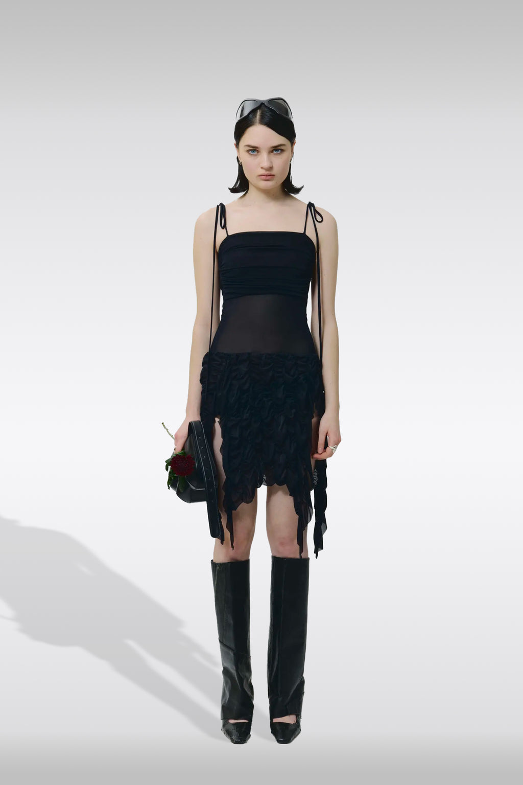 alt-image__Abito-nero-corto-in-mesh-con-gonna-goffrata---Smock-Mini-Dress