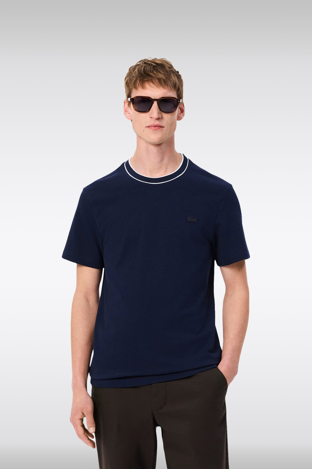 alt-image__Navy-blue-stretch-piquè-cotton-t-shirt-with-striped-crewneck