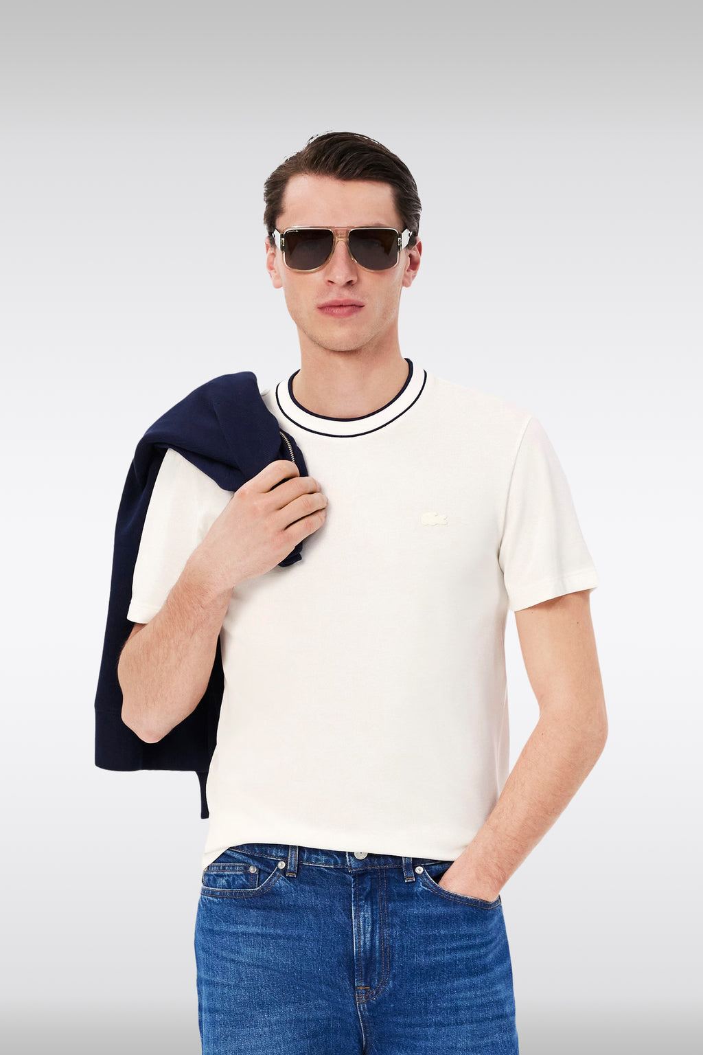 alt-image__T-shirt-in-cotone-piquè-stretch-panna-con-colletto-a-righe