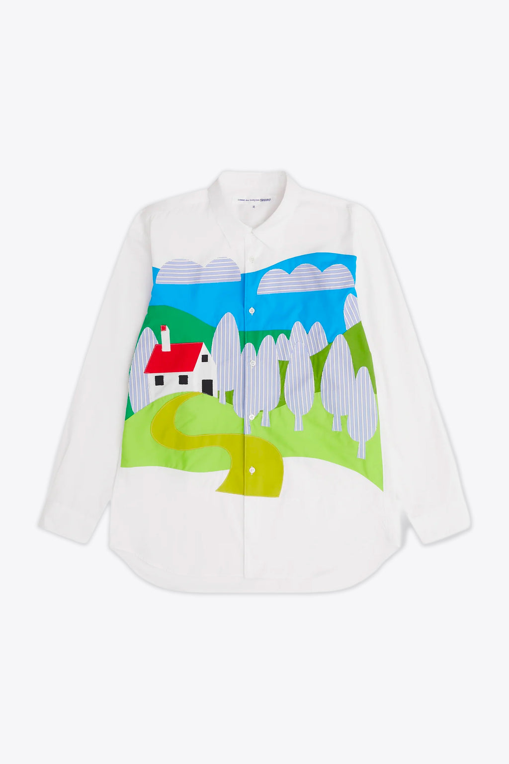 alt-image__White-cotton-shirt-with-patchwork-detailing-featuring-a-landscape-design