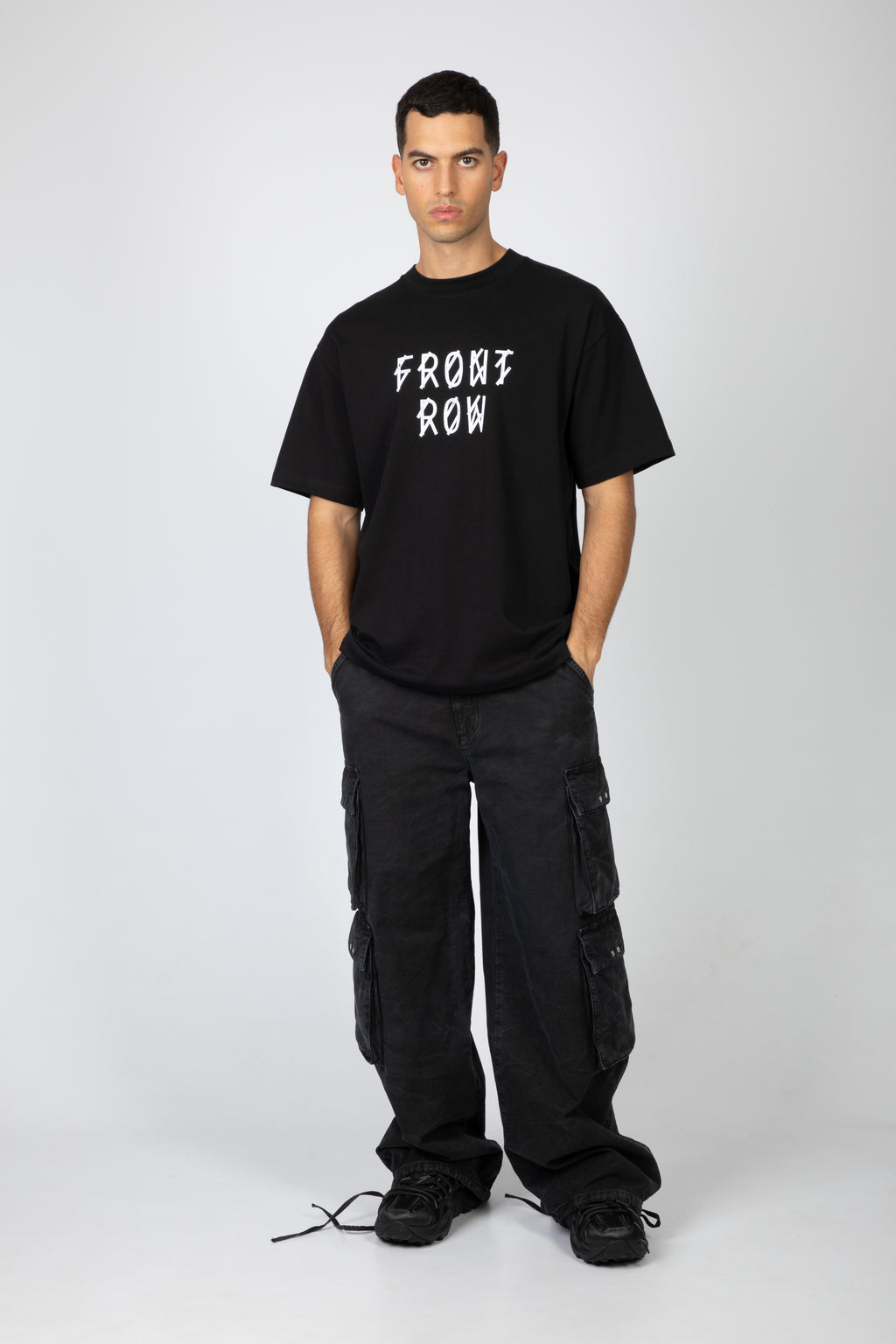 alt-image__Black-cotton-t-shirt-with-front-slogan-and-back-logo---Front-Row-Tee