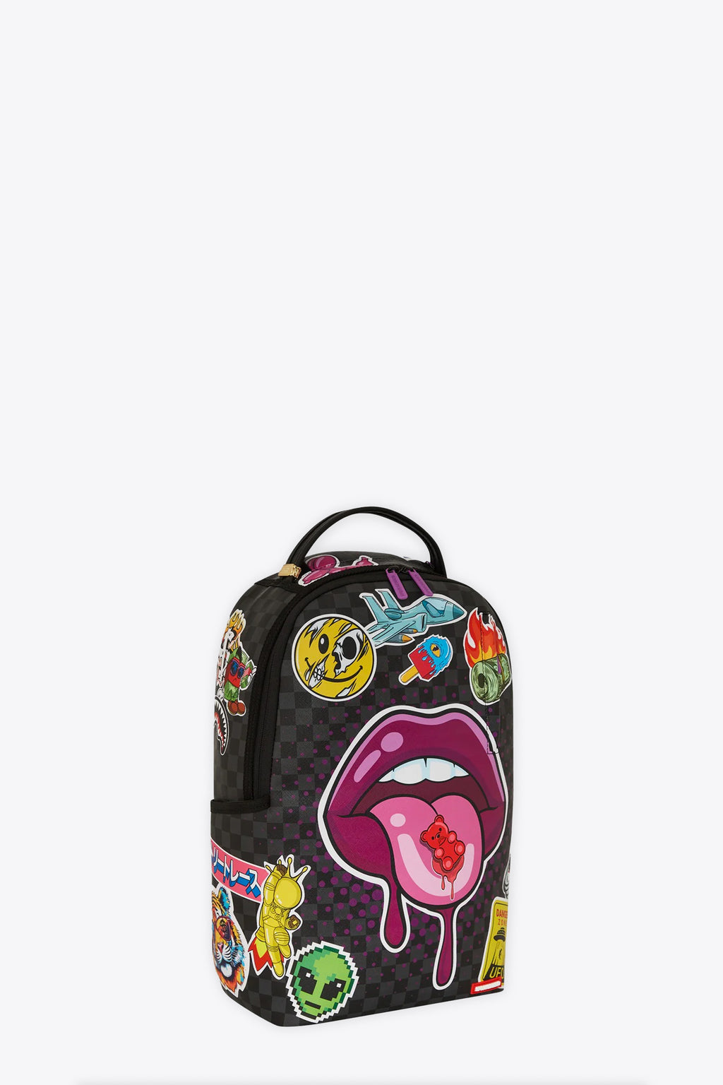alt-image__Zaino-in-pvc-nero-a-scacchi-con-stampa-stickers-all-over---Lips-Smack-Down-Dlxvs-Backpack