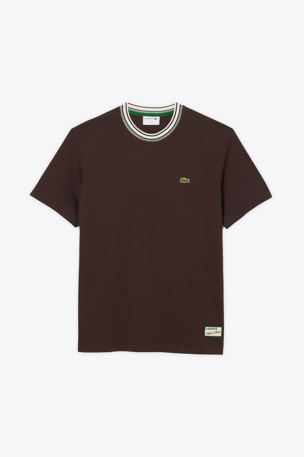 alt-image__T-shirt-in-cotone-marrone-con-colletto-a-righe
