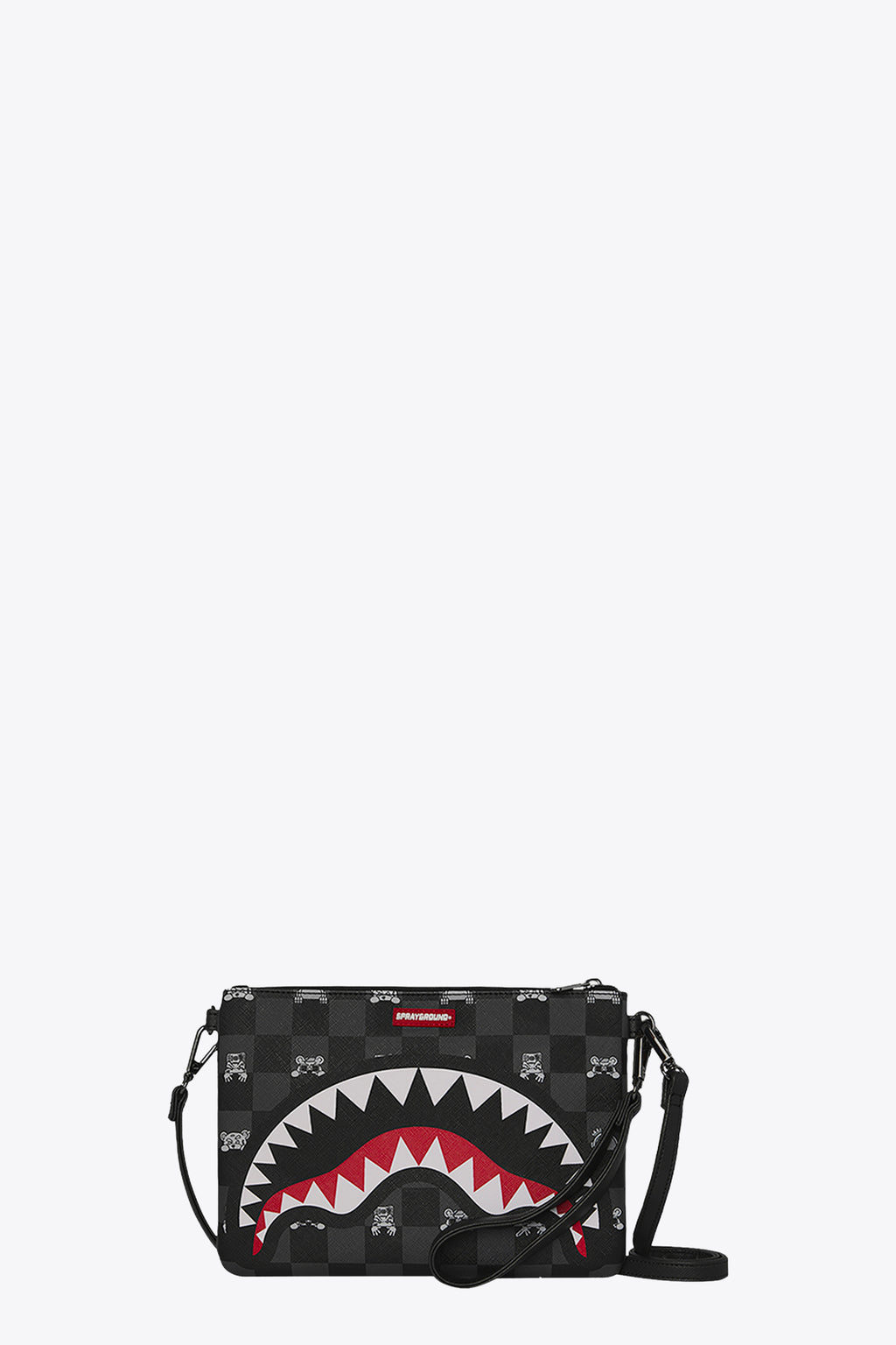 alt-image__Pochette-nera-in-pvc-a-scacchi-con-stampa-grafica---Peeking-Charcter-Check-Crossover-Clutch