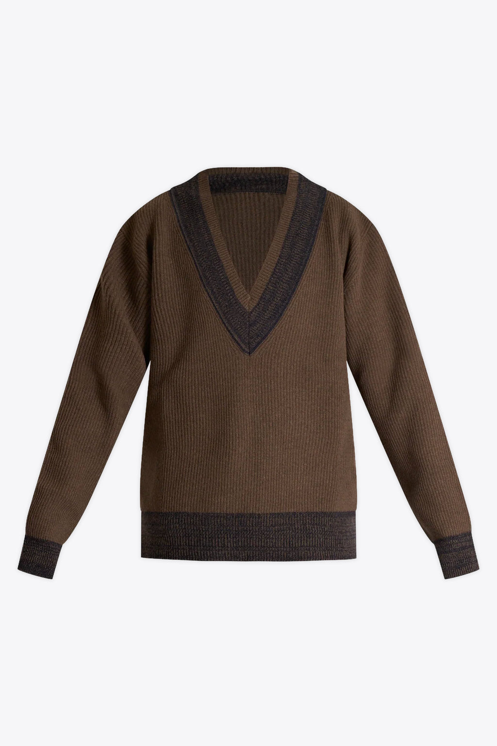 alt-image__Pullover-relaxed-fit-in-lana-a-coste-marrone-con-scollo-a-V