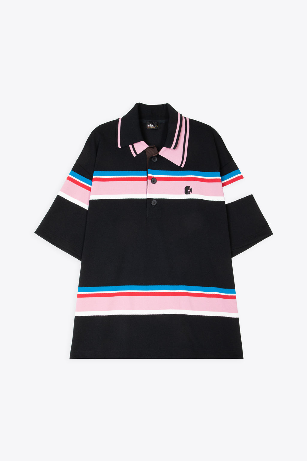 alt-image__Polo-oversize-nera-in-cotone-piquè-con-righe-multicolor-e-doppio-colletto-asimmetrico