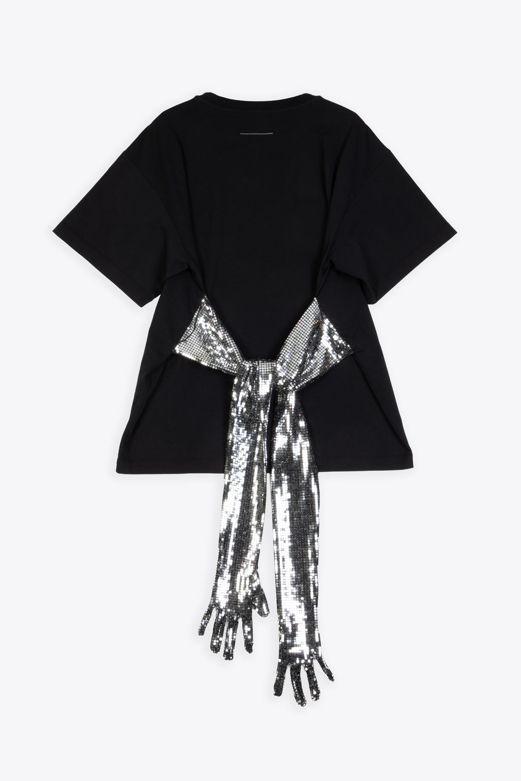 alt-image__T-shirt-nera-oversize-in-cotone-con-guanti-in-paillettes-cancan-argento-in-vita