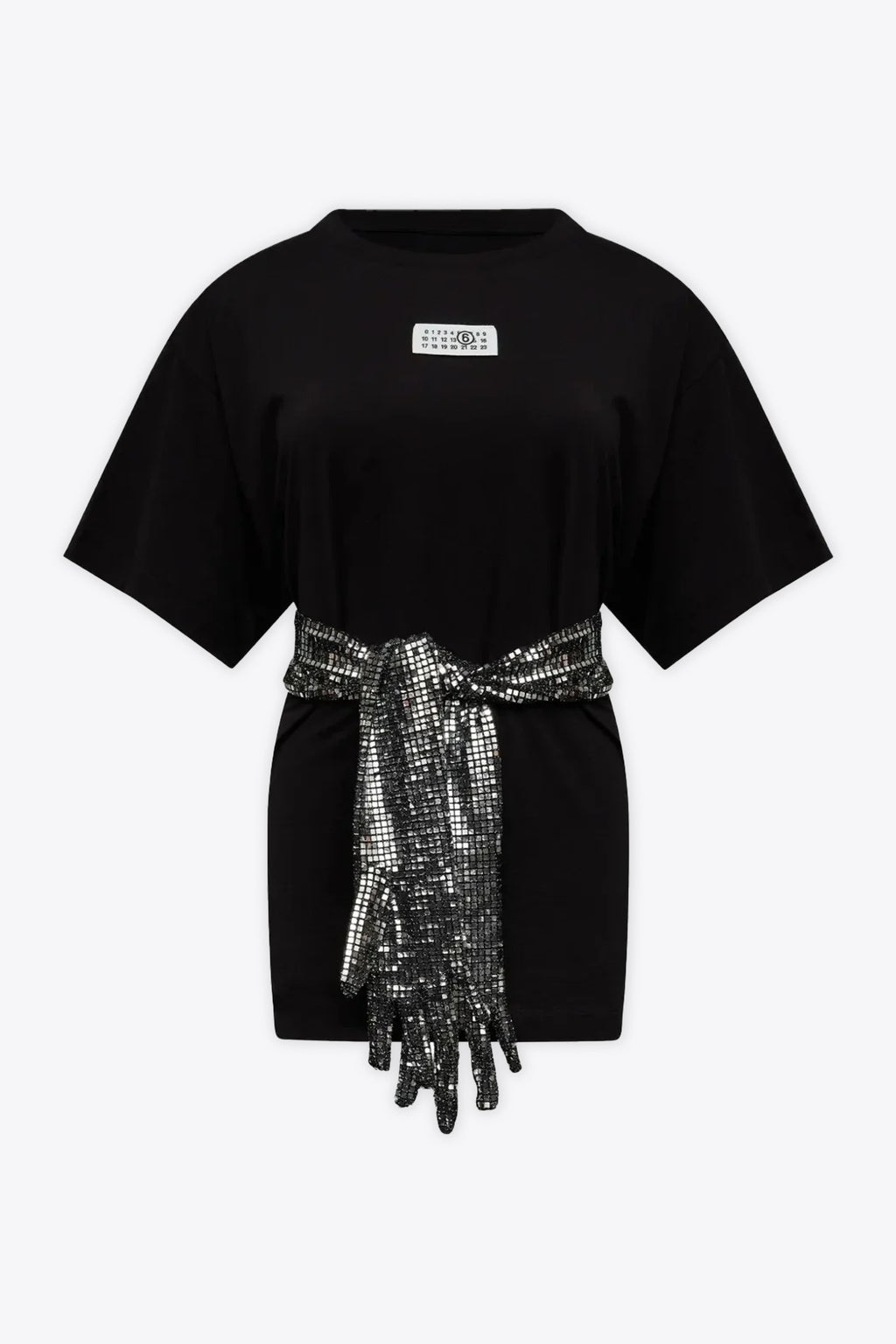 alt-image__T-shirt-nera-oversize-in-cotone-con-guanti-in-paillettes-cancan-argento-in-vita