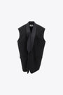 Gilet oversize nero in frescolana con rever in satin 
