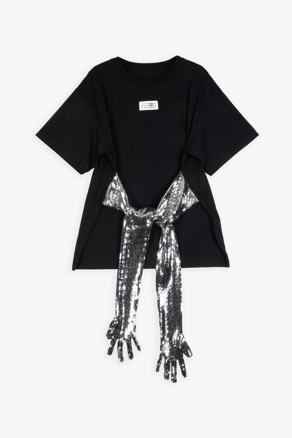 alt-image__T-shirt-nera-oversize-in-cotone-con-guanti-in-paillettes-cancan-argento-in-vita