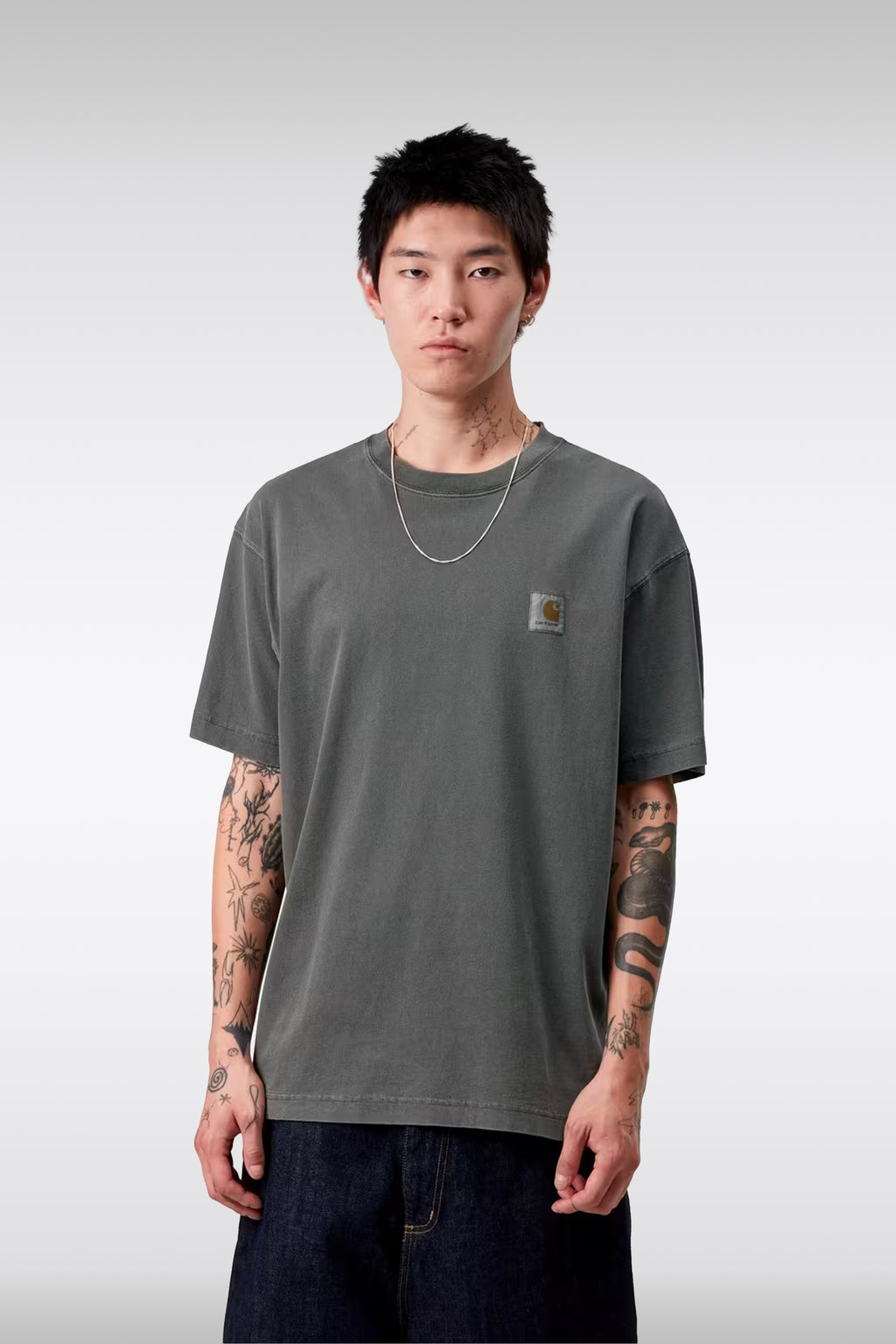 alt-image__T-shirt-in-cotone-grigio-antracite-con-logo-al-petto---S/S-Vista-T-Shirt