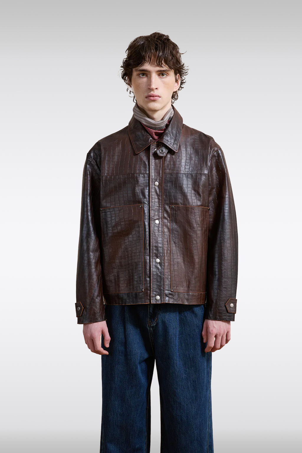 alt-image__Giacca-in-pelle-marrone-con-stampa-coccodrillo---Distressed-Croc-Embossed-Leather-Work-Jacket