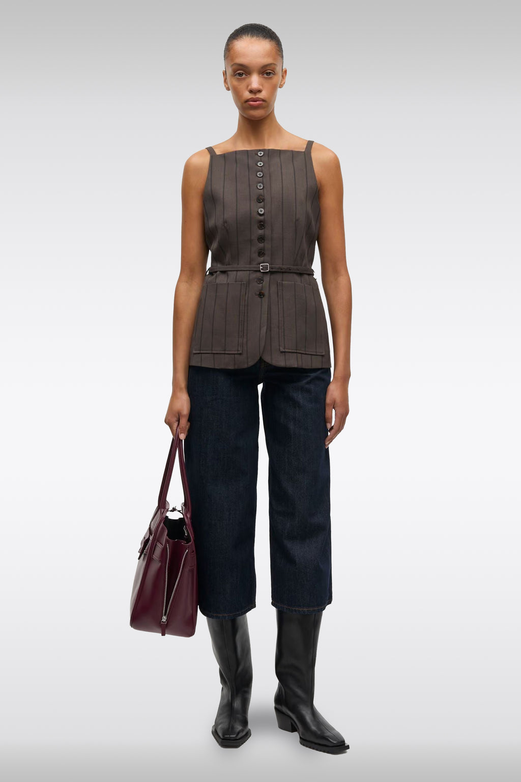 alt-image__Gilet-marrone-gessato-nero-con-collo-quadrato---Sahelly-Vest