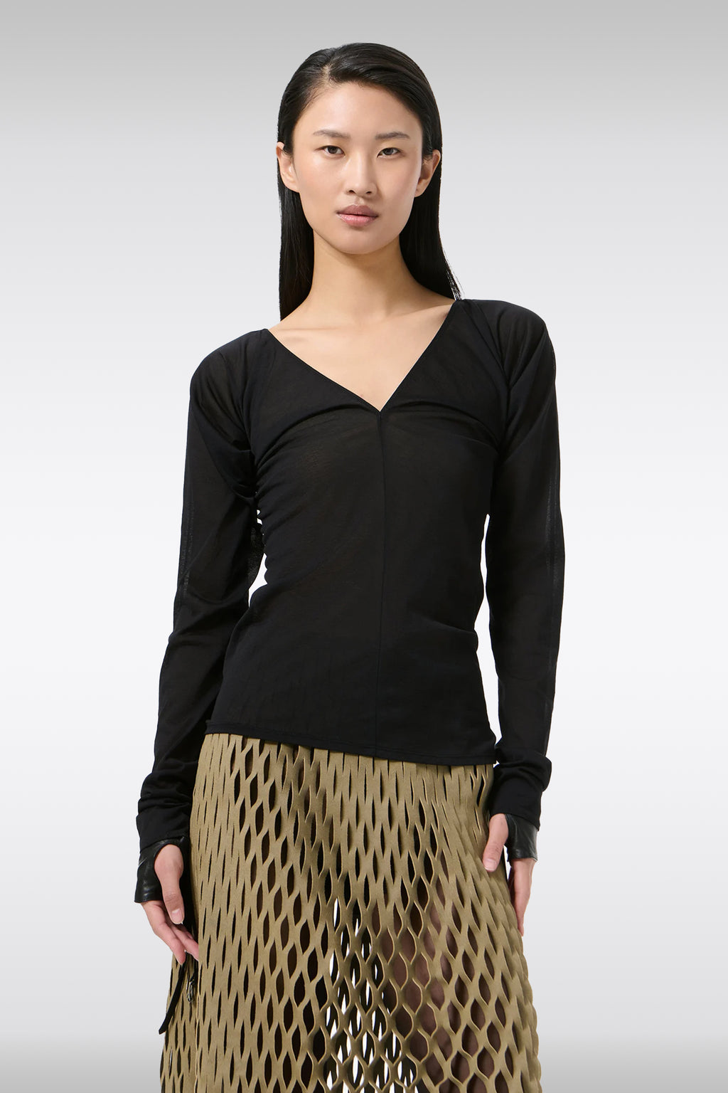 alt-image__Top-in-jersey-stretch-nero-con-scollo-a-V-fronte/retro-e-maniche-lunghe---Cheer-V-Neck