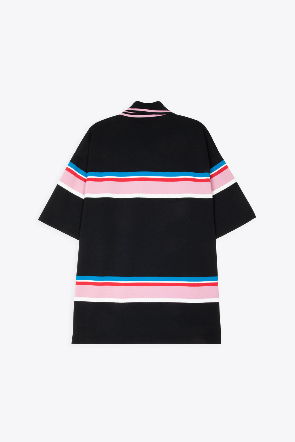 alt-image__Polo-oversize-nera-in-cotone-piquè-con-righe-multicolor-e-doppio-colletto-asimmetrico