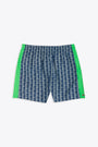 Navy blue swim shorts with geometric pattern and side bands 