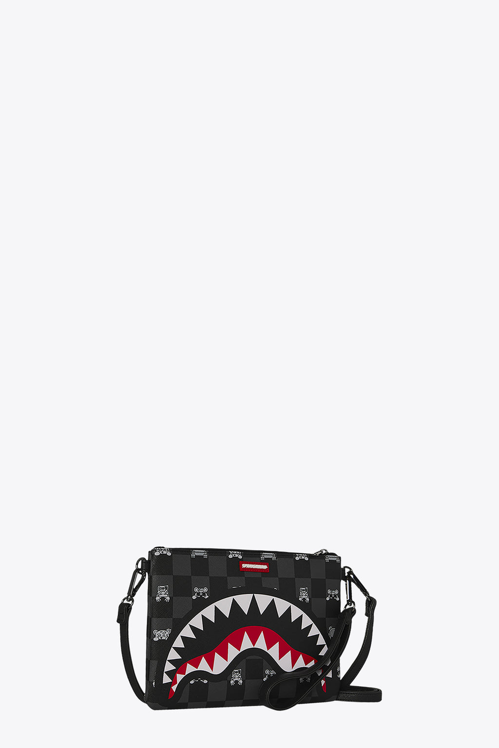 alt-image__Pochette-nera-in-pvc-a-scacchi-con-stampa-grafica---Peeking-Charcter-Check-Crossover-Clutch