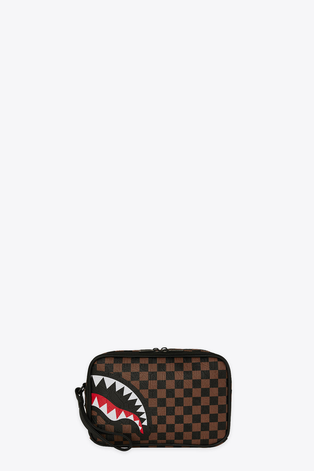 alt-image__Borsello-in-pvc-a-scacchi-marrone-e-nero-con-bocca-shark---Check-2-Emboss-Toiletry-Bag