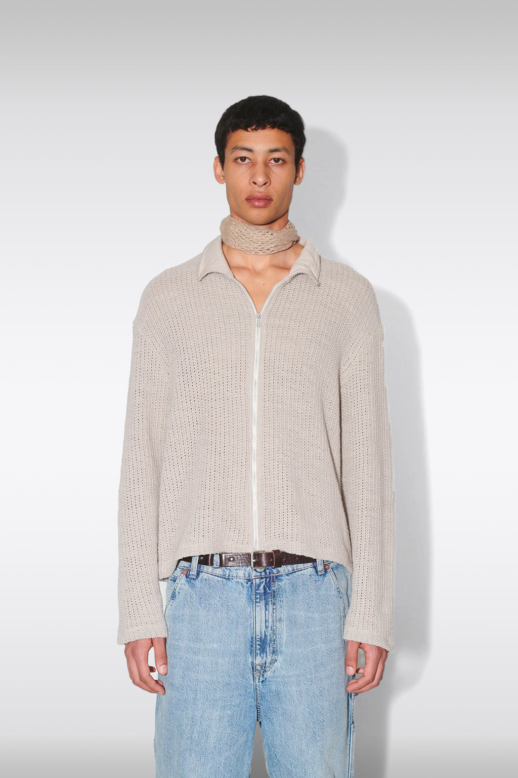 alt-image__Sand-colour-cotton-knit-cardigan-with-zip---Shrunken-Fullzip-Polo