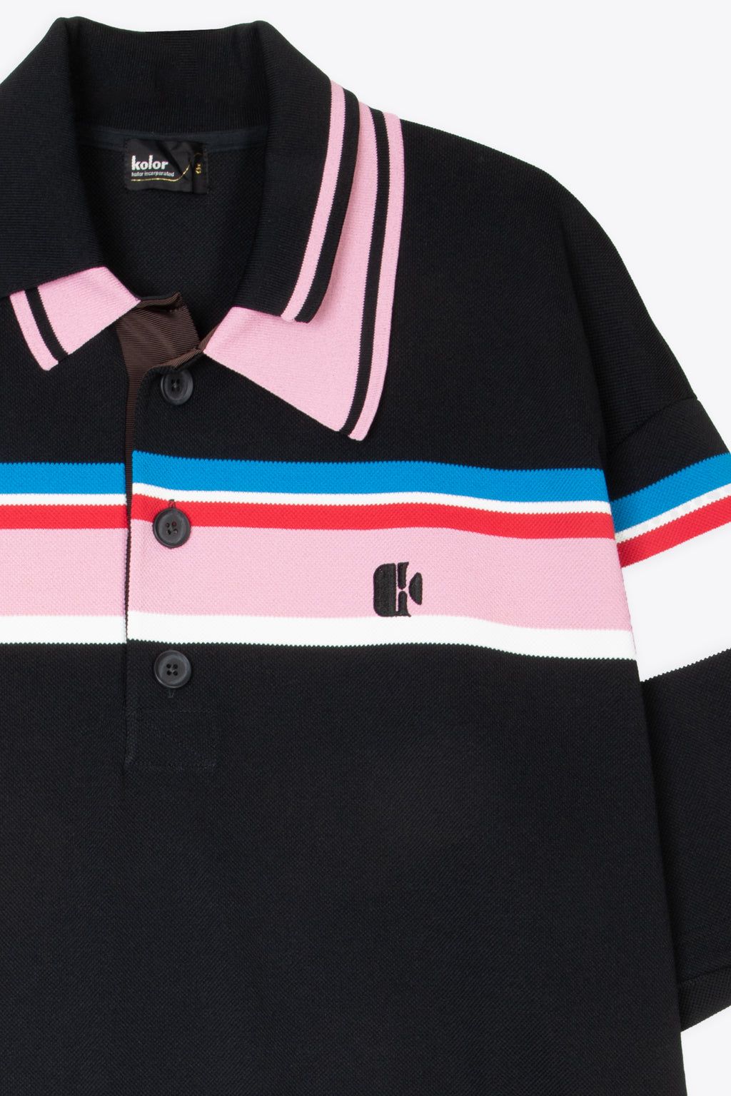 alt-image__Polo-oversize-nera-in-cotone-piquè-con-righe-multicolor-e-doppio-colletto-asimmetrico