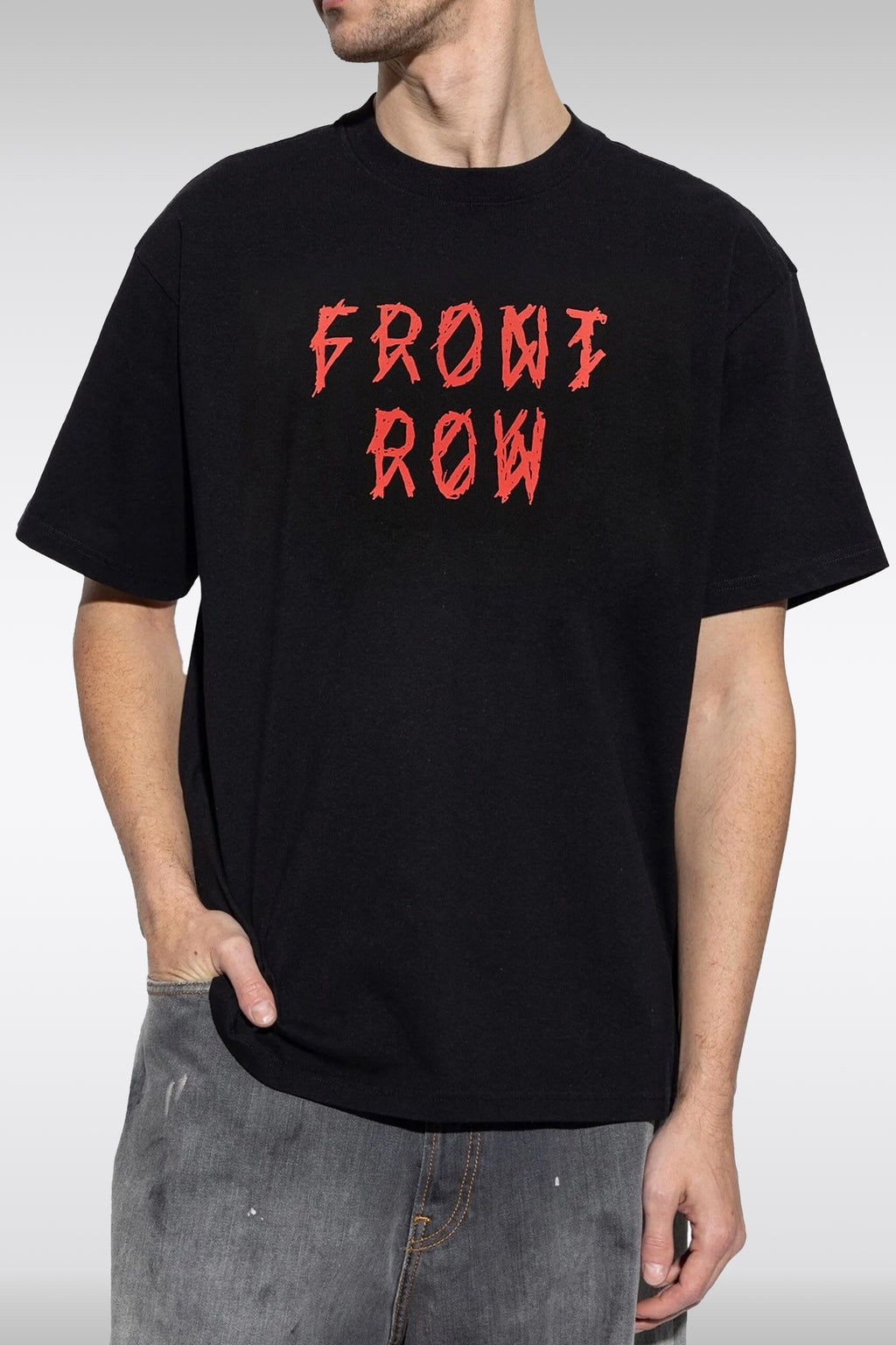 alt-image__Black-cotton-t-shirt-with-red-print---Front-Row-Tee