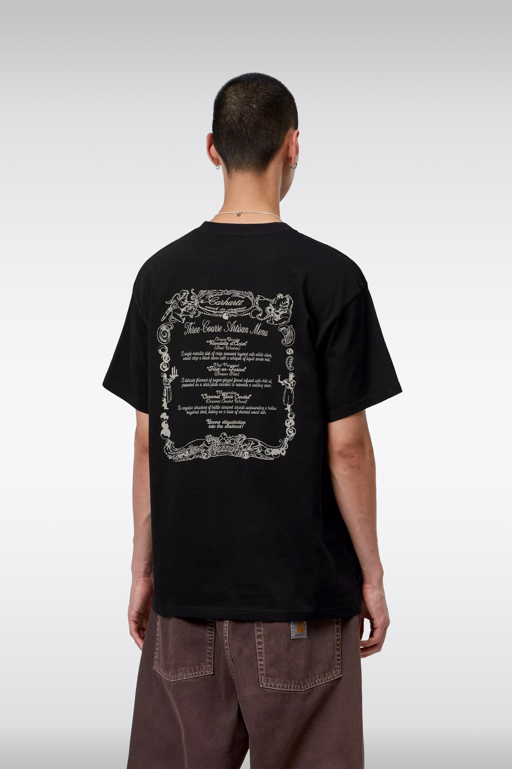 alt-image__T-shirt-nera-in-cotone-con-stampa-grafica-con-menù-sul-retro---S/S-Chez-WIP-T-Shirt