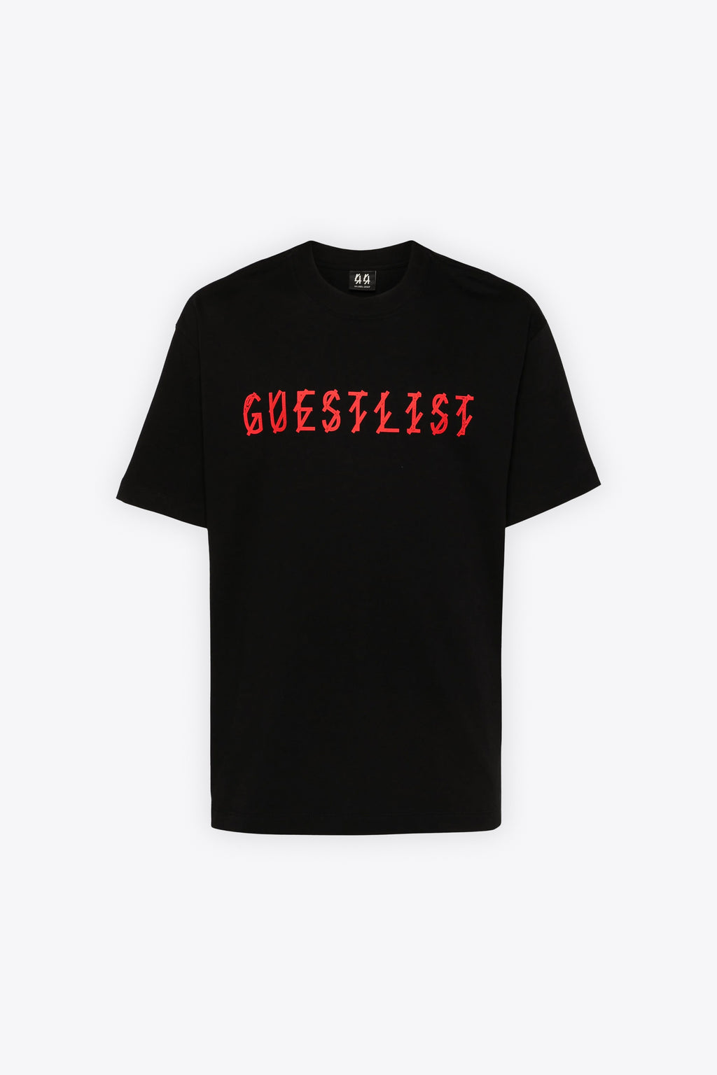 alt-image__T-shirt-nera-in-cotone-con-stampa-frontale-e-logo-sul-retro-in-rosso---Guestlist-Tee