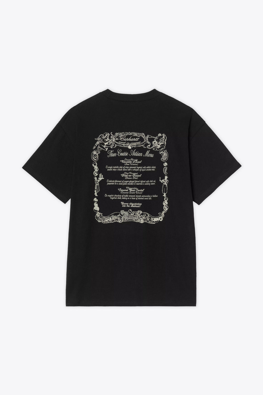 alt-image__T-shirt-nera-in-cotone-con-stampa-grafica-con-menù-sul-retro---S/S-Chez-WIP-T-Shirt