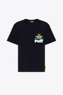 Black cotton t-shirt with multicolour logo and smile print  