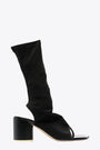 Open toe black stretch lycra heeled boots 