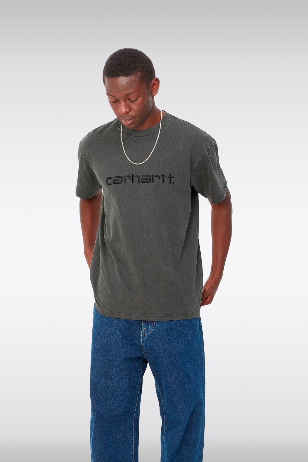 alt-image__T-shirt-in-cotone-grigio-slavato-con-logo-ricamato---S/S-Duster-T-Shirt