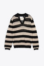 Beige and black striped mesh knitted polo shirt 